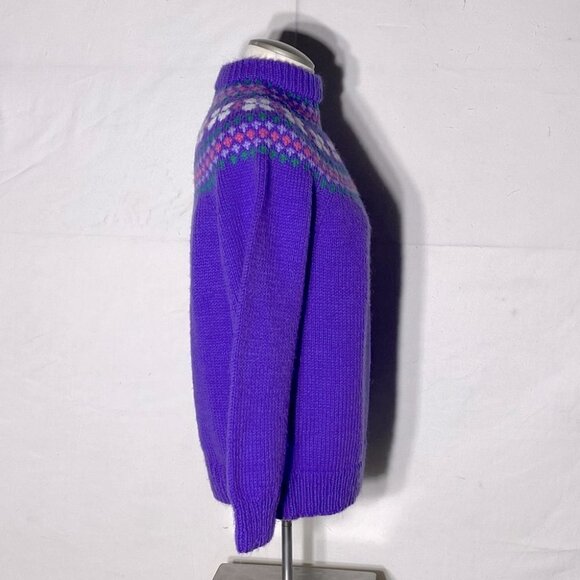 Hand Knit Purple Fair Isle Mock Neck Sweater M - Picture 5 of 11